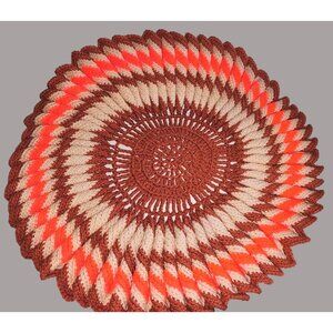 Handmade Crochet Round Doily - Large 24" - Vibrant Orange Brown & Cream Chevron